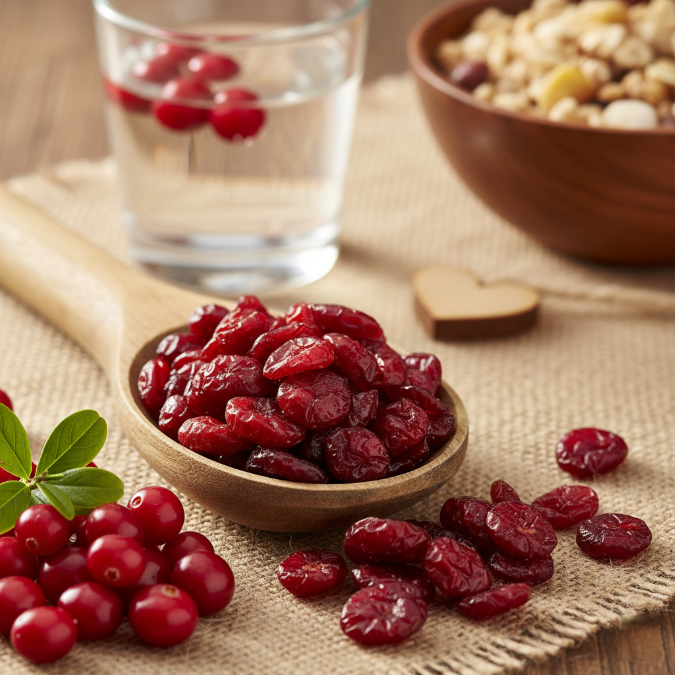 Gros plan sur une poignée de cranberries séchées, symbolisant les bienfaits pour la santé et la vitalité quotidienne.